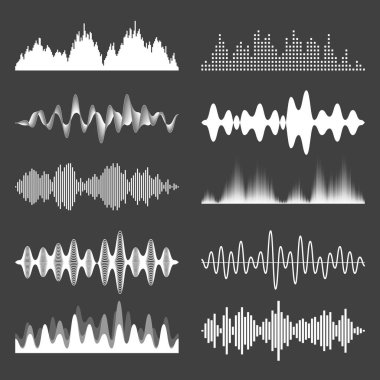 Sound waves collection. Analog and digital audio signal. Music equalizer. Interference voice recording. High frequency radio wave. Vector illustration. clipart