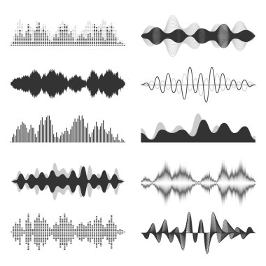 Ses dalgaları koleksiyonu. Analog ve dijital ses sinyali. Müzik eşitleyicisi. Parazit ses kaydı. Yüksek frekanslı radyo dalgası. Vektör illüstrasyonu.