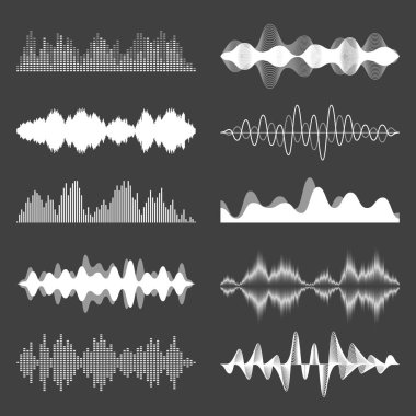 Ses dalgaları koleksiyonu. Analog ve dijital ses sinyali. Müzik eşitleyicisi. Parazit ses kaydı. Yüksek frekanslı radyo dalgası. Vektör illüstrasyonu.