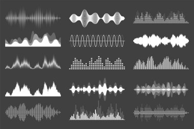 Ses dalgaları koleksiyonu. Analog ve dijital ses sinyali. Müzik eşitleyicisi. Parazit ses kaydı. Yüksek frekanslı radyo dalgası. Vektör illüstrasyonu.