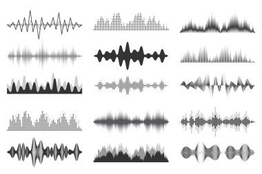 Ses dalgaları koleksiyonu. Analog ve dijital ses sinyali. Müzik eşitleyicisi. Parazit ses kaydı. Yüksek frekanslı radyo dalgası. Vektör illüstrasyonu.