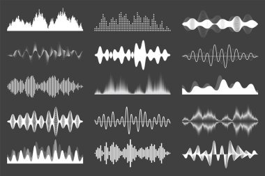 Ses dalgaları koleksiyonu. Analog ve dijital ses sinyali. Müzik eşitleyicisi. Parazit ses kaydı. Yüksek frekanslı radyo dalgası. Vektör illüstrasyonu.
