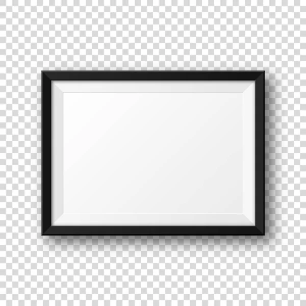 Realistický prázdný černý rámeček s izolovaným stínem na průhledném pozadí. Moderní maketa plakátu. Prázdný fotografický rám pro uměleckou galerii nebo interiér. Vektorová ilustrace. — Stockový vektor
