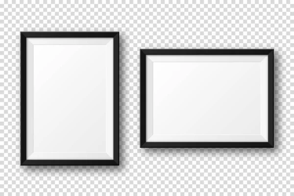 Realistische leere schwarze Bilderrahmen mit Schatten isoliert auf transparentem Hintergrund. moderne Plakatattrappe. leere Fotorahmen für Kunstgalerie oder Interieur. Vektorillustration. — Stockvektor