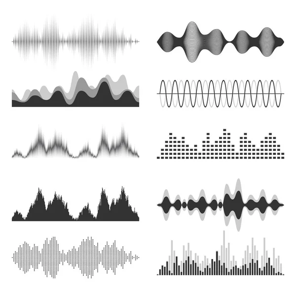 Коллекция звуковых волн. Аналоговый и цифровой аудиосигнал. Музыкальный уравнитель. Запись помех. Высокочастотная радиоволна. Векторная иллюстрация . — стоковый вектор