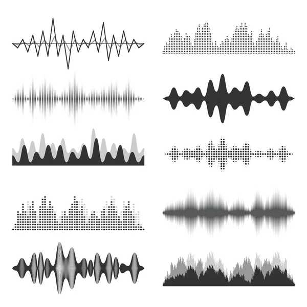 Sound waves collection. Analog and digital audio signal. Music equalizer. Interference voice recording. High frequency radio wave. Vector illustration. — 스톡 벡터