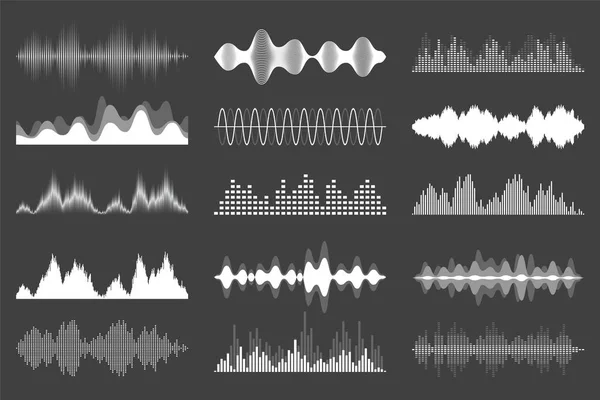 Sound waves collection. Analog and digital audio signal. Music equalizer. Interference voice recording. High frequency radio wave. Vector illustration. — Stock Vector