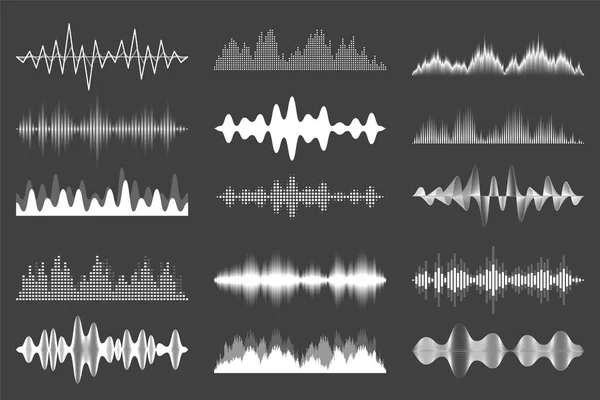 Sound waves collection. Analog and digital audio signal. Music equalizer. Interference voice recording. High frequency radio wave. Vector illustration. — Stock Vector
