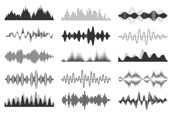 Sound waves collection. Analog and digital audio signal. Music equalizer. Interference voice recording. High frequency radio wave. Vector illustration. — 스톡 벡터
