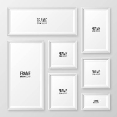 Gri arkaplanda gölge koleksiyonu olan gerçekçi beyaz resim çerçevesi. Modern poster modeli. Sanat galerisi ya da iç mekan için boş fotoğraf çerçevesi. Vektör illüstrasyonu.