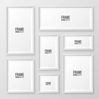 Gri arkaplanda gölge koleksiyonu olan gerçekçi beyaz resim çerçevesi. Modern poster modeli. Sanat galerisi ya da iç mekan için boş fotoğraf çerçevesi. Vektör illüstrasyonu.