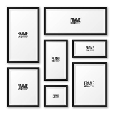 Beyaz arkaplanda izole edilmiş gölge koleksiyonu olan gerçekçi boş bir çerçeve. Modern poster modeli. Sanat galerisi ya da iç mekan için boş fotoğraf çerçevesi. Vektör illüstrasyonu.