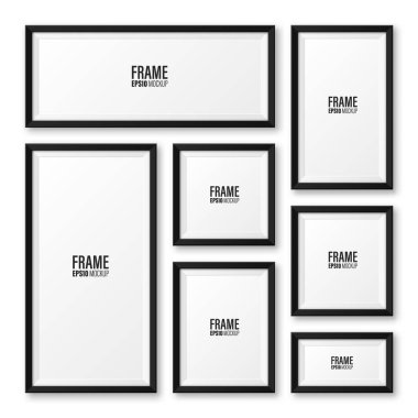 Beyaz arkaplanda izole edilmiş gölge koleksiyonu olan gerçekçi boş bir çerçeve. Modern poster modeli. Sanat galerisi ya da iç mekan için boş fotoğraf çerçevesi. Vektör illüstrasyonu.