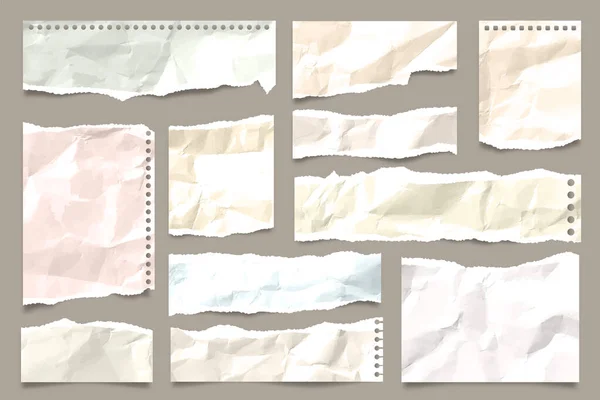 Yırtık renkli buruşuk kağıt şeritleri koleksiyonu. Yırtık kenarlı gerçekçi kağıt kırıntıları. Yapışkan notlar, defter sayfalarının parçaları. Vektör illüstrasyonu. — Stok Vektör