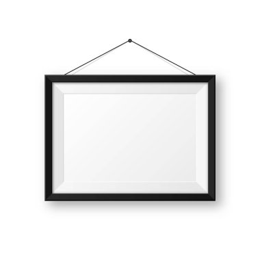 Duvarda asılı gerçekçi, gölgeli siyah resim çerçevesi. Beyaz arka planda izole edilmiş modern poster modeli. Sanat galerisi ya da iç mekan için boş fotoğraf çerçevesi. Vektör illüstrasyonu.