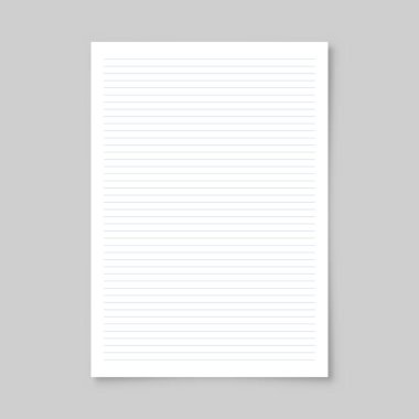 Gri arka planda izole edilmiş, A4 biçiminde gölgesi olan gerçekçi, boş bir kağıt levha. Defter ya da kitap sayfası. Tasarım şablonu veya maketi. Vektör illüstrasyonu.
