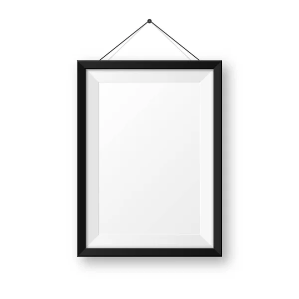 Realistic hanging on a wall blank black picture frame with shadow. Modern poster mockup isolated on white background. Empty photo frame for art gallery or interior. Vector illustration. — Stock Vector