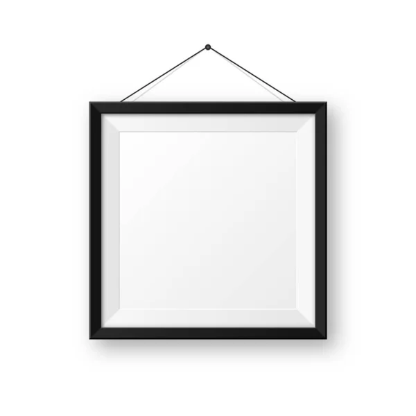 Realistic hanging on a wall blank black picture frame with shadow. Modern poster mockup isolated on white background. Empty photo frame for art gallery or interior. Vector illustration. — 스톡 벡터