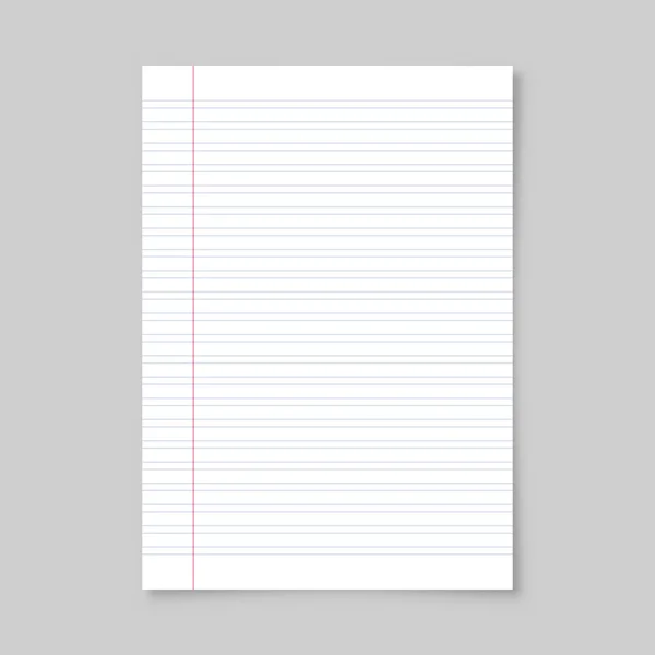 Ρεαλιστικό λευκό επενδεδυμένο φύλλο χαρτιού με σκιά σε σχήμα Α4 που απομονώνεται σε γκρι φόντο. Σημειωματάριο ή σελίδα βιβλίου. Πρότυπο σχεδιασμού ή μακέτα. Εικονογράφηση διανύσματος. — Διανυσματικό Αρχείο