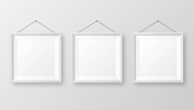 Duvarda asılı gerçekçi, gölgeli beyaz resim çerçevesi. Gri arka planda modern poster modeli izole edilmiş. Sanat galerisi ya da iç mekan için boş fotoğraf çerçevesi. Vektör illüstrasyonu.