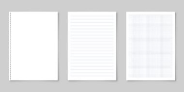 Gri arka planda izole edilmiş, A4 biçiminde gölgesi olan gerçekçi, boş bir kağıt levha. Defter ya da kitap sayfası. Tasarım şablonu veya maketi. Vektör illüstrasyonu.