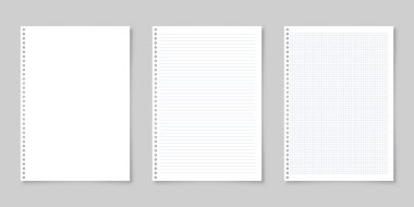 Gri arka planda izole edilmiş, A4 biçiminde gölgesi olan gerçekçi, boş bir kağıt levha. Defter ya da kitap sayfası. Tasarım şablonu veya maketi. Vektör illüstrasyonu.