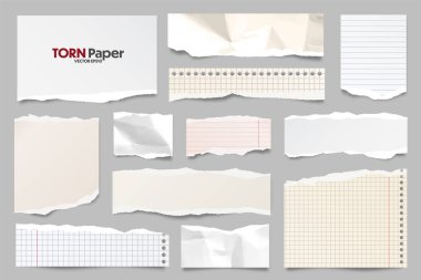 Renkli yırtık kağıt şeritleri koleksiyonu. Yırtık kenarlı gerçekçi kağıt kırıntıları. Yapışkan notlar, defter sayfalarının parçaları. Vektör illüstrasyonu.