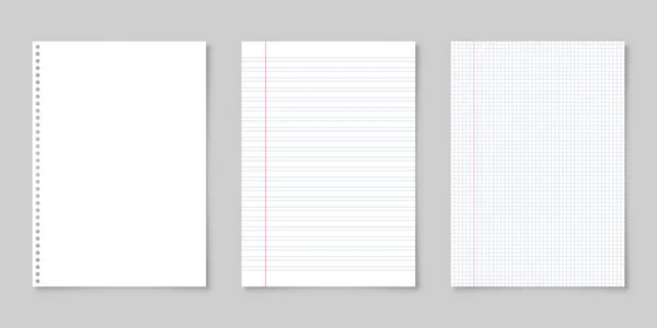 Feuille de papier blanc bordée réaliste avec ombre au format A4 isolé sur fond gris. Carnet ou page de carnet. Modèle ou maquette de conception. Illustration vectorielle . — Image vectorielle