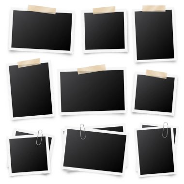 Gerçekçi boş fotoğraf kartı çerçevesi, film seti. Yapışkan bantlı ve gölgeli antika bir fotoğraf. Dijital enstantane görüntüsü. Fotoğraf sanatı. Tasarım için şablon ya da maket. Vektör illüstrasyonu.