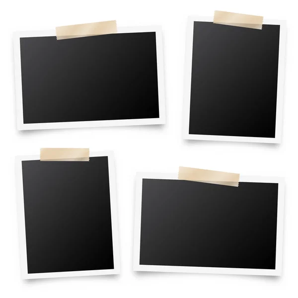Realistic blank photo card frame, film set. Retro vintage photograph with adhesive tape and shadow. Digital snapshot image. Photography art. Template or mockup for design. Vector illustration. — Stock Vector