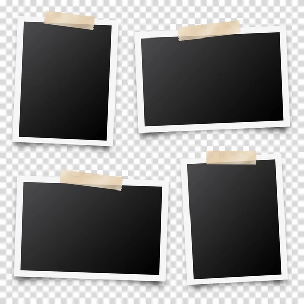 Realistic blank photo card frame, film set. Retro vintage photograph with adhesive tape and shadow. Digital snapshot image. Photography art. Template or mockup for design. Vector illustration. — Stock Vector