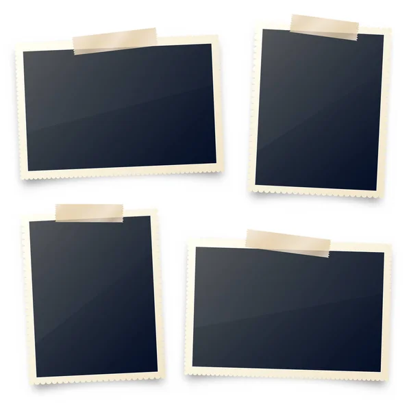 Realistic blank photo card frame, film set. Retro vintage photograph with adhesive tape and shadow. Digital snapshot image. Photography art. Template or mockup for design. Vector illustration. — 스톡 벡터