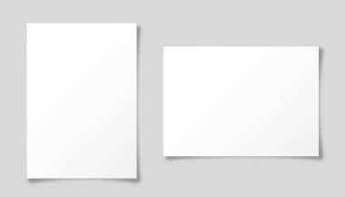 Gri arka planda izole edilmiş, A4 biçiminde gölgesi olan gerçekçi, boş bir kağıt levha. Defter ya da kitap sayfası. Tasarım şablonu veya maketi. Vektör illüstrasyonu.