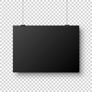 A4 formatı ve ataç şeklinde gölgesi olan, şeffaf kareli arka planda klasörü olan gerçekçi, boş kağıt levha. Tasarım posteri, şablon ya da maket. Vektör illüstrasyonu.