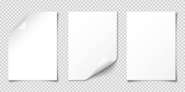 A4 biçiminde gölgesi olan gerçekçi boş kağıt sayfası şeffaf karalanmış arkaplanda izole edilmiş. Defter ya da kitap sayfası. Tasarım şablonu veya maketi. Vektör illüstrasyonu.