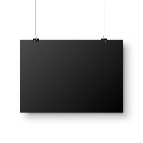 Feuille de papier vierge suspendue noire réaliste avec ombre au format A4 et trombone, reliure sur fond blanc. Affiche de design, modèle ou maquette. Illustration vectorielle . — Image vectorielle