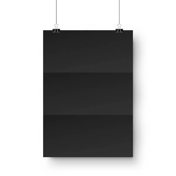 Feuille de papier vierge suspendue noire réaliste avec ombre au format A4 et trombone, reliure sur fond blanc. Affiche de design, modèle ou maquette. Illustration vectorielle . — Image vectorielle