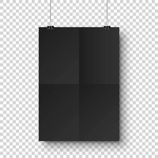 Lembar kertas kosong tergantung hitam realistis dengan bayangan dalam format A4 dan klip kertas, pengikat pada latar belakang kotak transparan. Desain poster, templat atau mockup. Ilustrasi vektor . - Stok Vektor