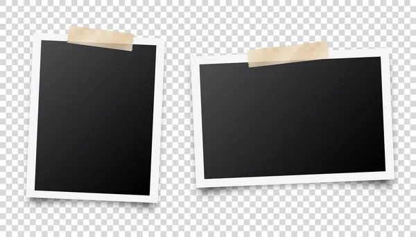 Realistic blank photo card frame, film set. Retro vintage photograph with adhesive tape. Digital snapshot image. Template or mockup for design. Vector illustration. — 스톡 벡터