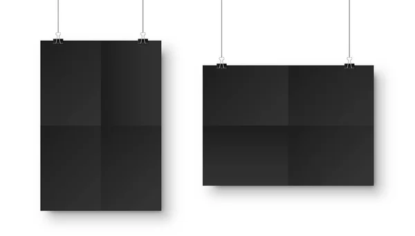 Realistický černý visící prázdný papírový list se stínem ve formátu A4 a svorkou na papír, pořadač na bílém pozadí. Design plakátu, šablony nebo makety. Vektorová ilustrace. — Stockový vektor