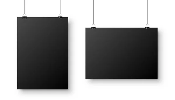 Realistic black hanging blank paper sheet with shadow in A4 format and paper clip, binder on white background. Design poster, template or mockup. Vector illustration. — 스톡 벡터