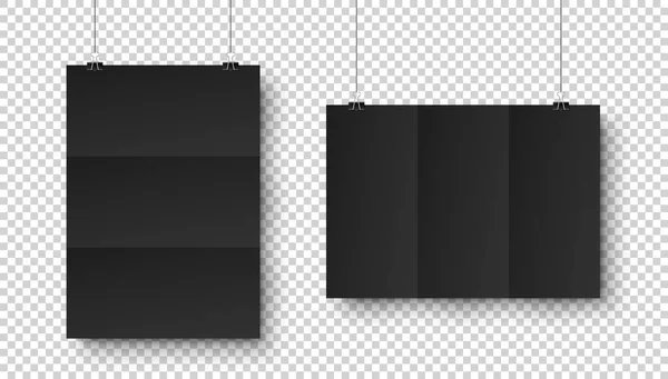 Realistisch zwart hangend blanco vel papier met schaduw in A4 formaat en paperclip, bindmiddel op transparante geruite achtergrond. Ontwerpposter, sjabloon of model. Vectorillustratie. — Stockvector