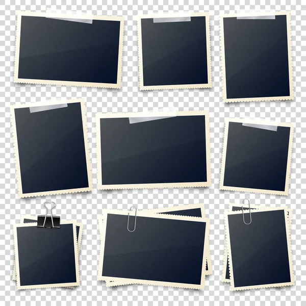 Realistic blank photo card frame, film set. Retro vintage photograph with transparent adhesive tape and paper clip. Digital snapshot image. Template or mockup for design. Vector illustration. — 스톡 벡터