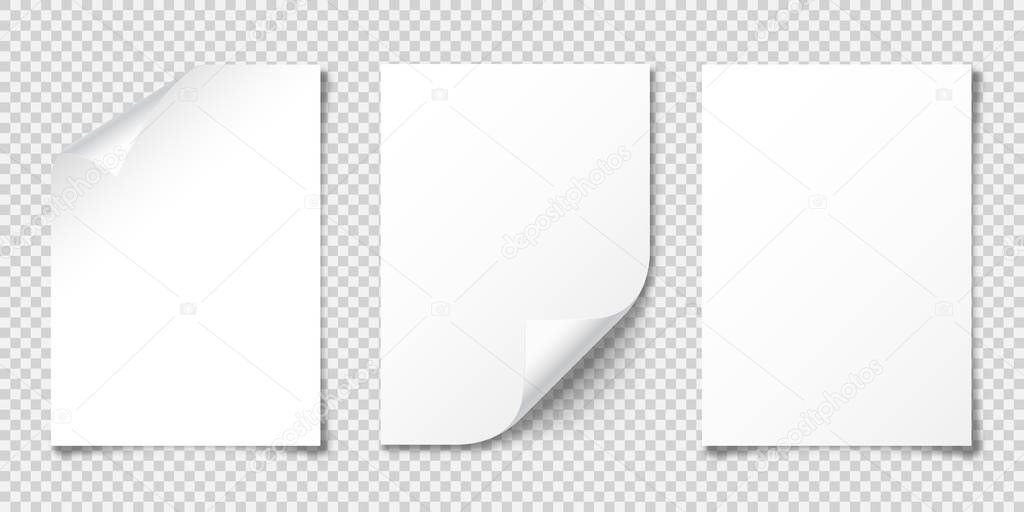Realistic blank paper sheet with shadow in A4 format isolated on transparent checkered background. Notebook or book page. Design template or mockup. Vector illustration.
