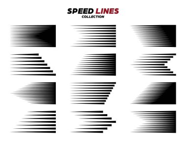 Siyah çizgi roman hız çizgisi. Vektör koleksiyonu.