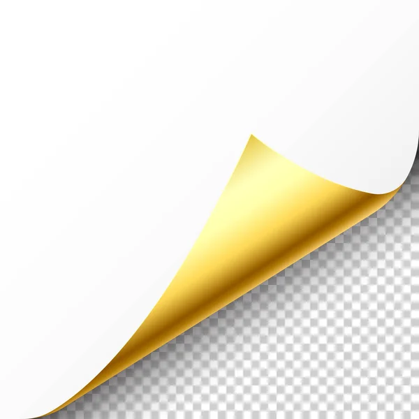 Reális arany göndör oldal sarok árnyék kockás háttér. Üdvözlőlap design elem. Üres papírlap. Vektorillusztráció. — Stock Vector