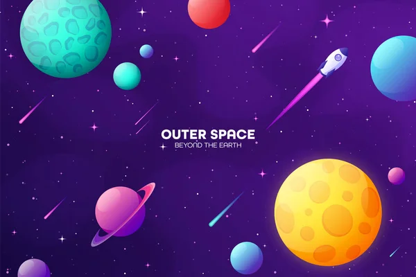 Space futuristic modern colorful background with rocket. Starship, spaceship in night sky. Solar system, galaxy and universe exploration. Vector illustration. — Stock Vector