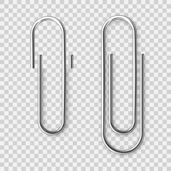Realistic metal paper clip on checkered background. Page holder, binder. Vector illustration. — 스톡 벡터