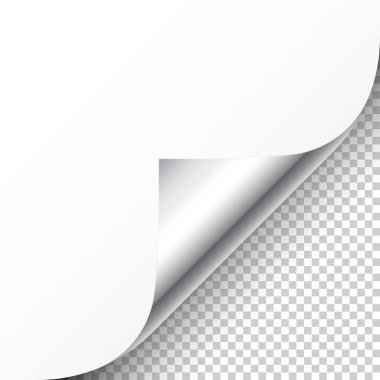 Arka planda gölgesi olan gerçekçi gümüş kıvrımlı sayfa köşesi. Tebrik kartı tasarım elemanı. Boş bir kağıt parçası. Vektör illüstrasyonu.