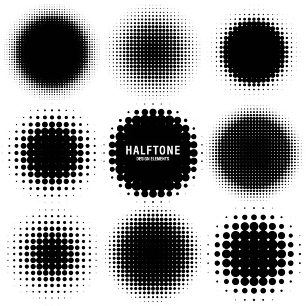 Circle halftone design elements with black dots isolated on white background. Comic dotted pattern.Vector illustration. — Stock Vector